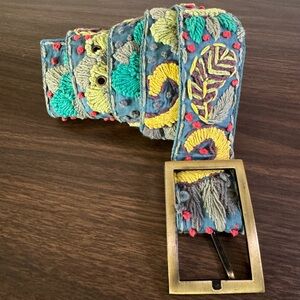 Karma Embroidered Cotton Belt Boho Floral India Brass Buckle M/L BxA